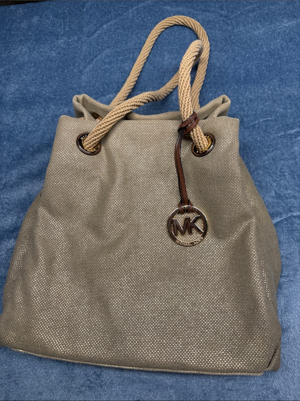 Michael Kors Taupe Canvas Drawstring Tote with Rope Handles